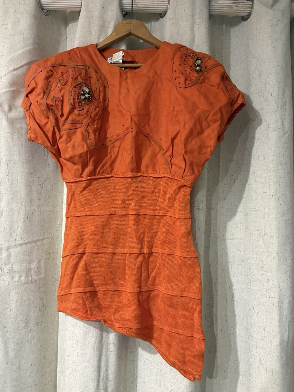 VTG Lily Chao New York Shirt Womens 6 Orange Linen Beaded Boho Y2K Shoulder Pads